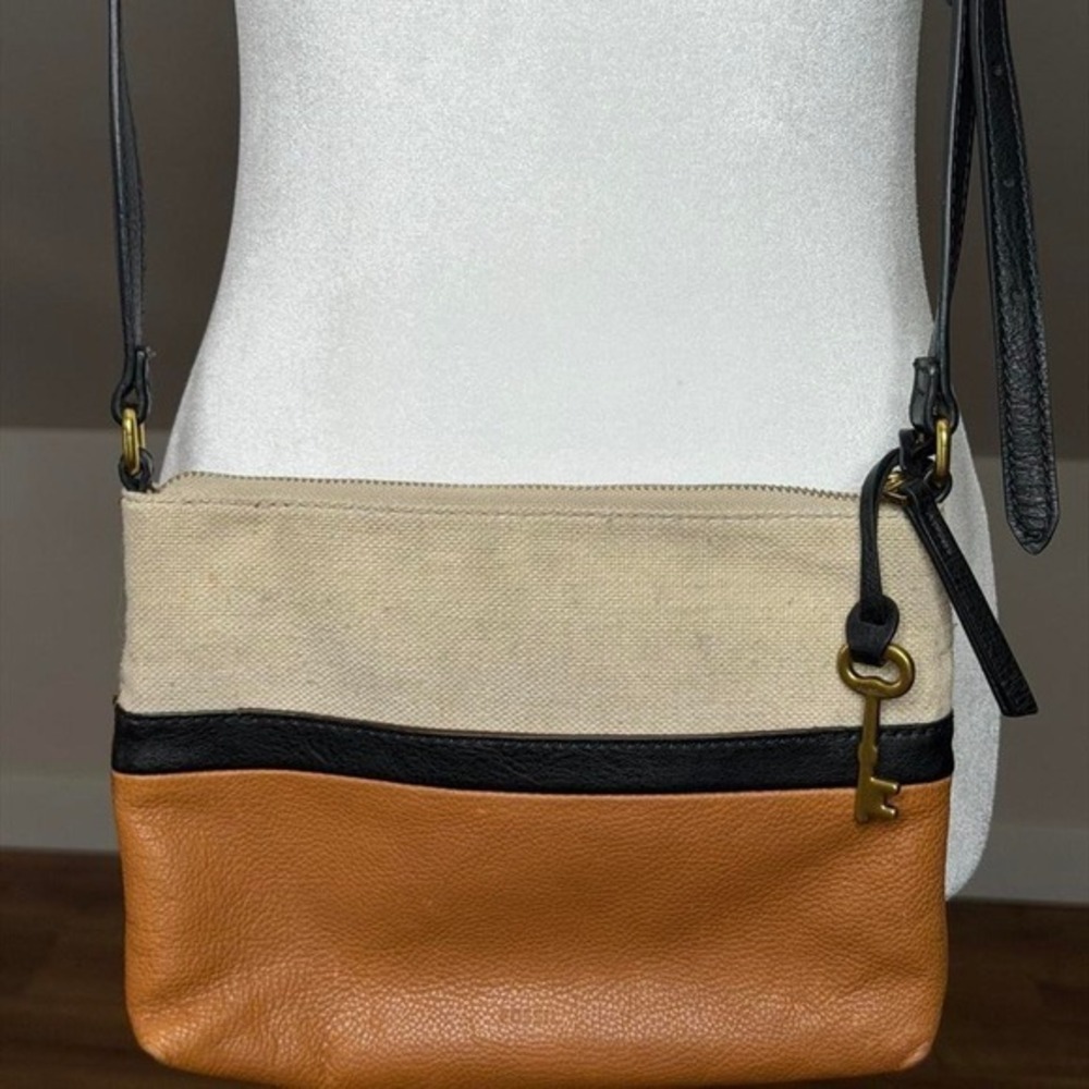 Fossil Fiona Colorblock Canvas Leather Crossbody Bag Neutral Boho Minimalist